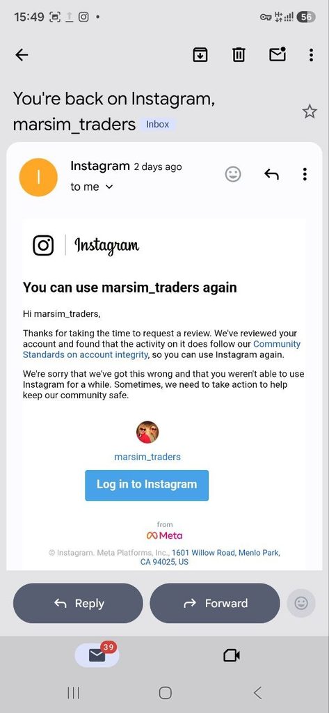 ایمیل رسمی Instagram یا وضعیت بررسی