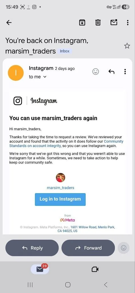 ایمیل رسمی Instagram یا وضعیت بررسی