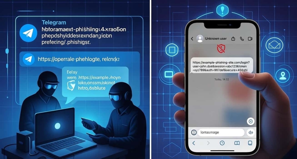 تقابل هکر و کاربر تلگرام با لینک فیشینگ و آیکن سپر امنیتی