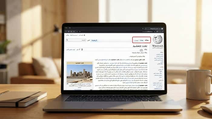 ساختار صفحه ویکی پدیا شامل مقاله، صفحه بحث و تاریخچه ویرایش‌ها