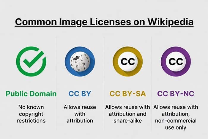 نمودار انواع لایسنس تصویر مثل دامنه عمومی و کریتیو کامنز در ویکی پدیا