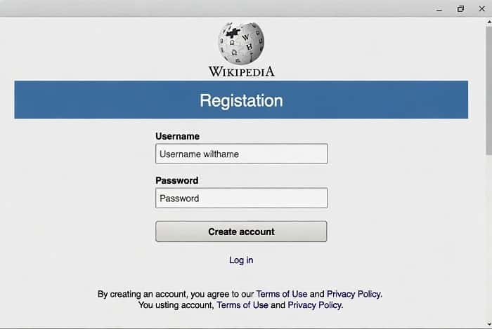 فرم ثبت‌ نام ویکی پدیا با فیلدهای نام کاربری، رمز عبور و ایمیل