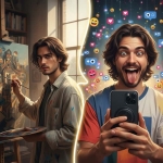 چالش بین هنر واقعی و شهرت سریع؛ تصویر هنرمند جوان دو نیمه، در حال خلق اثر هنری و همزمان ضبط ویدئوی کوتاه برای جلب لایک و ویو در شبکه‌های اجتماعی