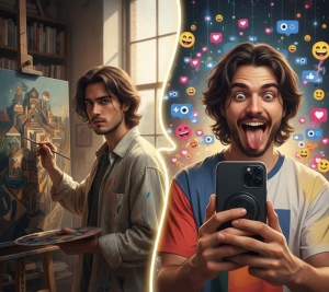 چالش بین هنر واقعی و شهرت سریع؛ تصویر هنرمند جوان دو نیمه، در حال خلق اثر هنری و همزمان ضبط ویدئوی کوتاه برای جلب لایک و ویو در شبکه‌های اجتماعی