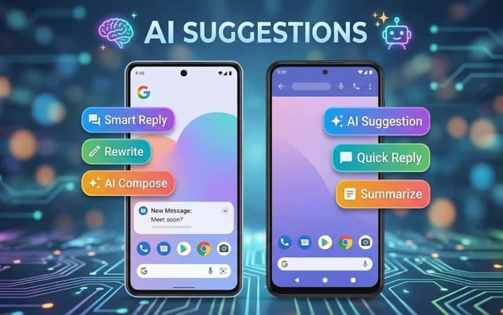 دو گوشی هوشمند با رابط شبیه پیکسل و اندروید که روی صفحه آنها پیشنهادهای هوشمند متنی و عبارت AI suggestions دیده می‌شود