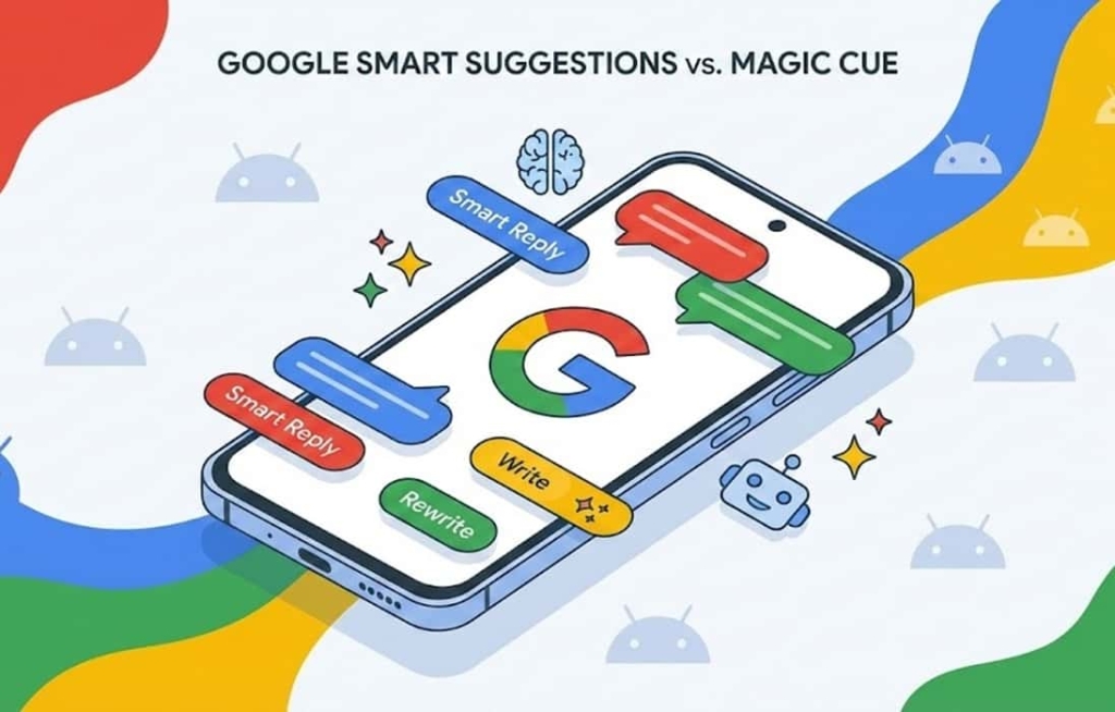 تصویر ایزومتریک یک گوشی اندرویدی با پیشنهادهای هوشمند گوگل و آیکن‌های هوش مصنوعی روی صفحه