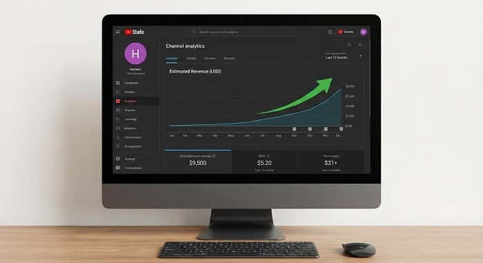  «نمودار رشد درآمد از یوتیوب در YouTube Studio برای یک کانال در حال رشد»