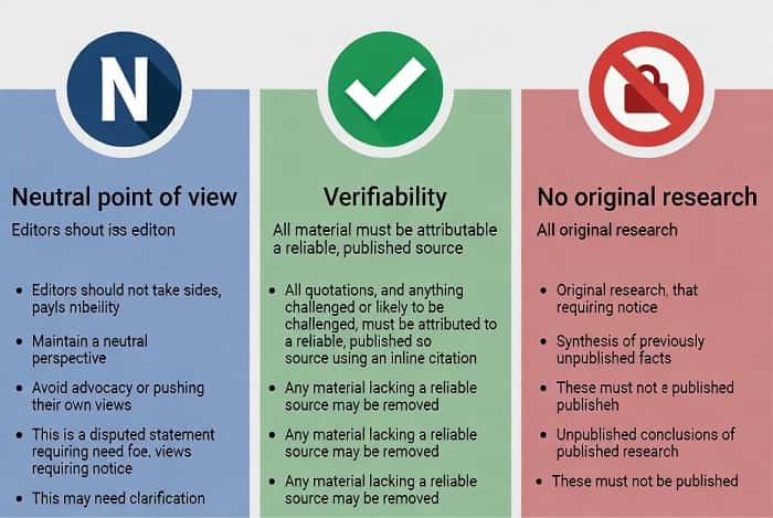 نمودار سه اصل اصلی سیاست‌های محتوایی ویکی پدیا