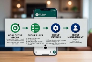 اینفوگرافیک مراحل نظم‌دهی و مدیریت گروه واتساپ برای ادمین‌ها